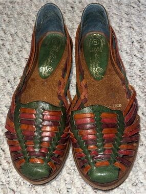Sara Women’s Braided Leather Slip-On Huarache Loafers in Green, Brown & Rust